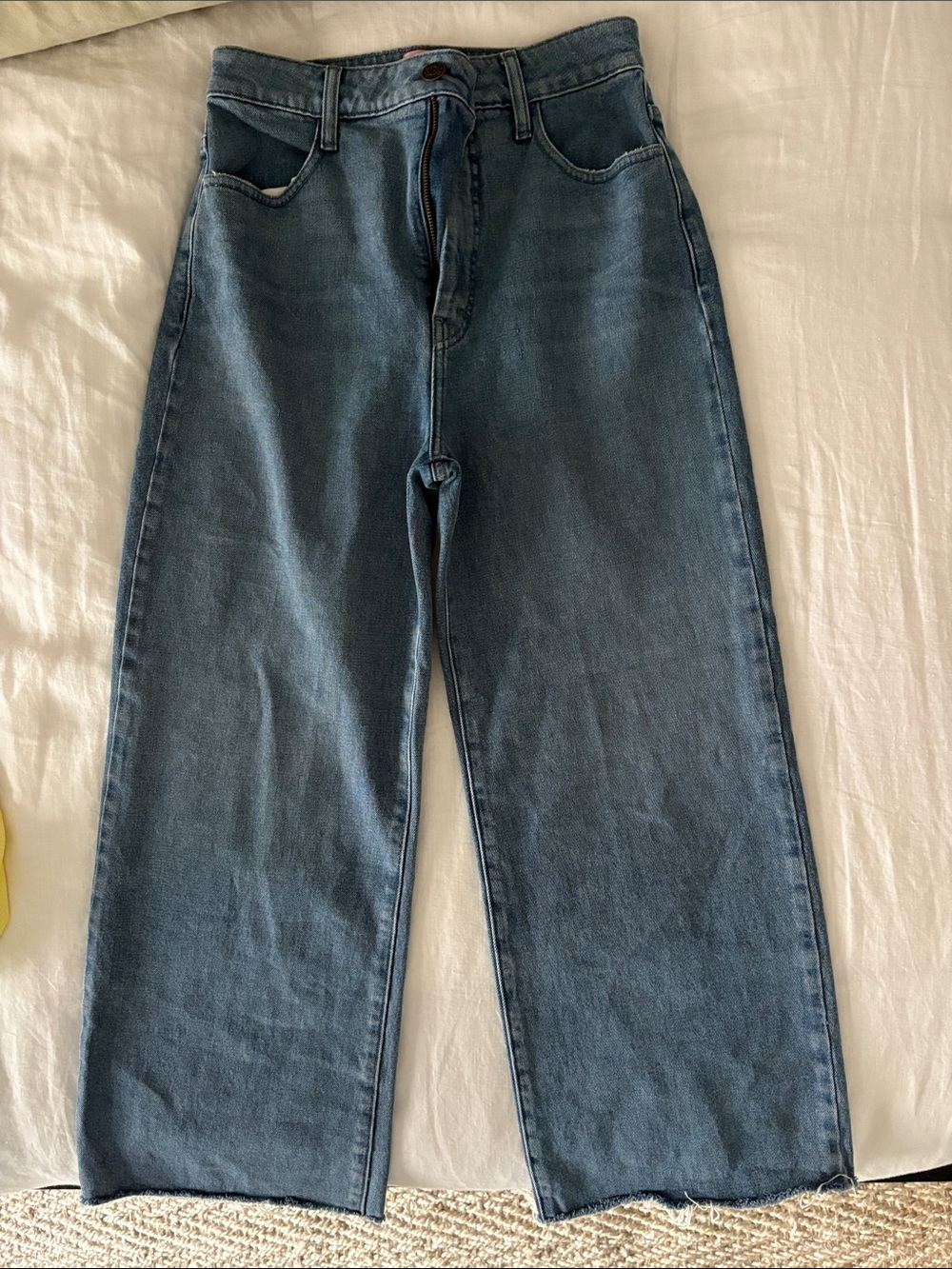 Show Me Your Mumu Wide Leg Cropped Jeans Raw Hem Blue Denim